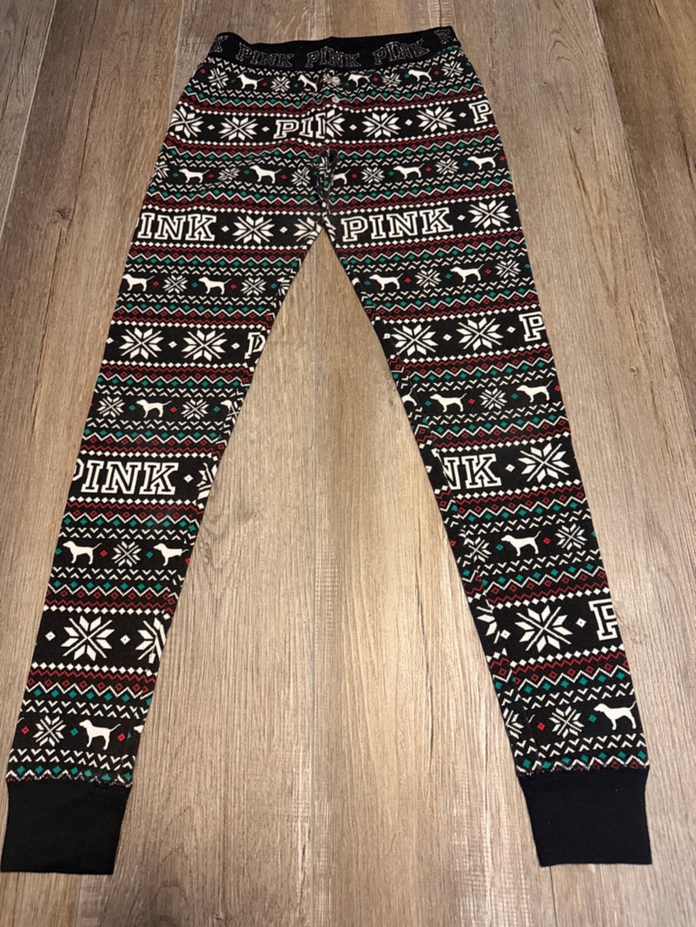 PINK Victoria's Secret Black Fair Isle Logo Leggings with Red and Green Accents